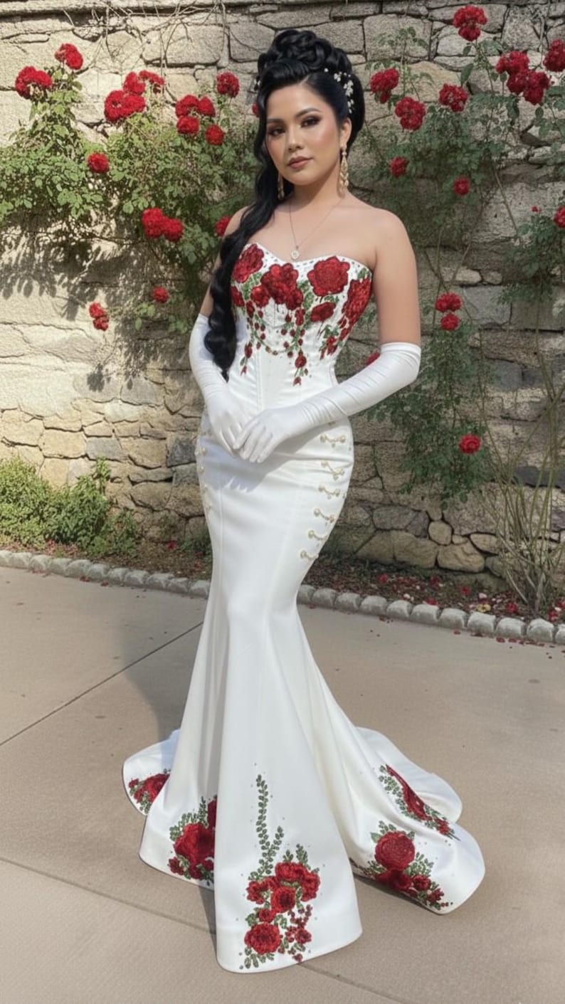 May include: A strapless white gown with red rose embroidery. The dress features a mermaid silhouette, long white gloves, and decorative gold accents. The roses are also embroidered on the train of the dress. The background is a stone wall with red roses.