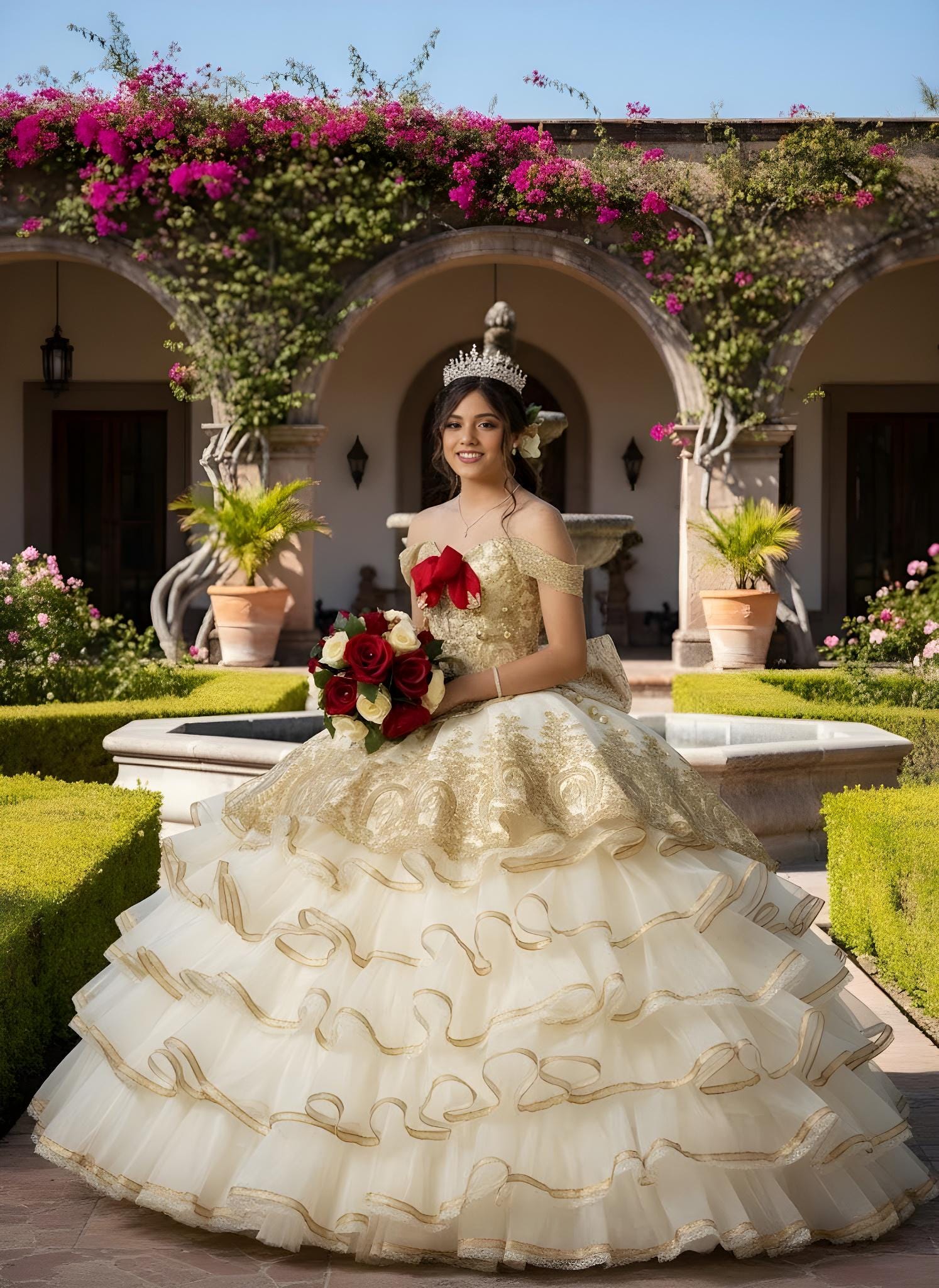 green emerald velvet dress Rose Charro 2-Piece Quinceanera Dress by Ragazza M45-145 5 / Ivory/Gold