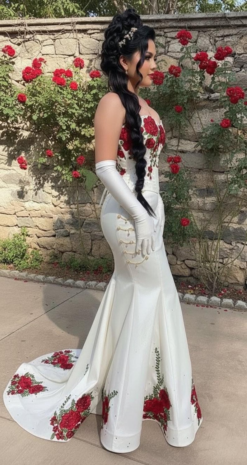 May include: A white satin gown with red rose embroidery. The dress features a fitted bodice, a mermaid silhouette, and a long train. Long white gloves and a braided hairstyle complete the look.