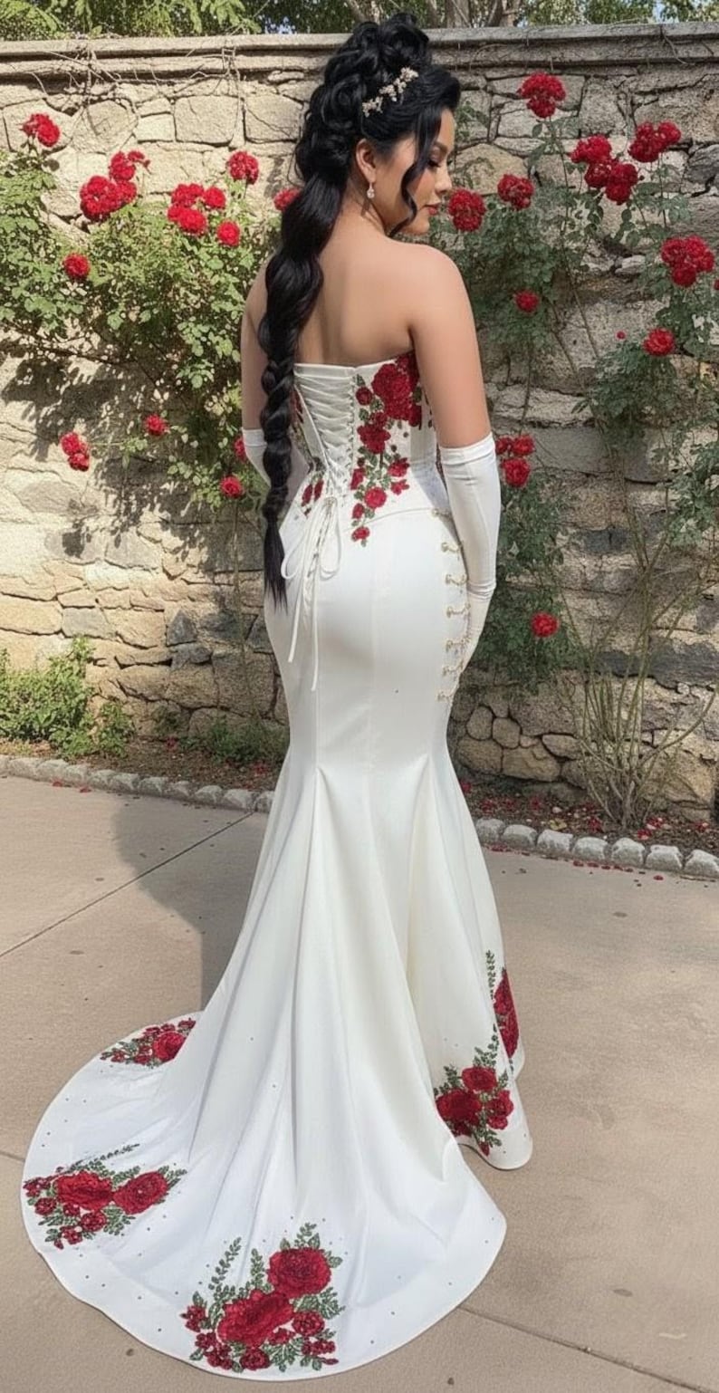 May include: A white strapless wedding gown with a mermaid silhouette. The bodice and train are adorned with red rose embroidery. The back features a corset closure. Long white gloves complete the look.