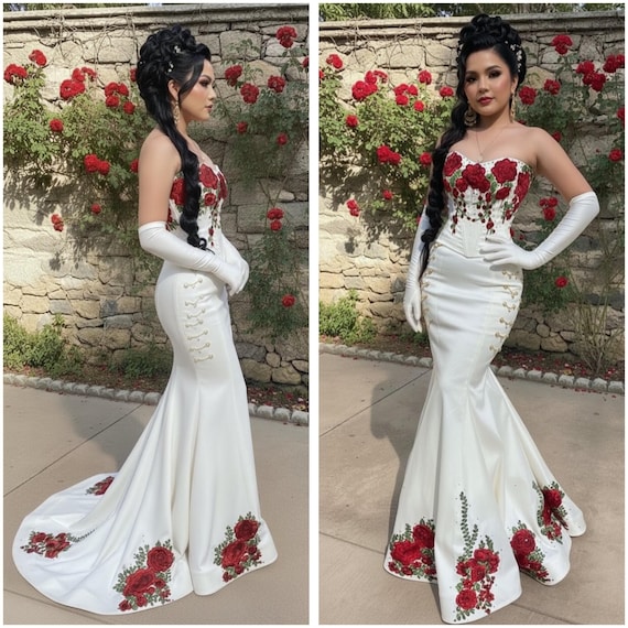 Vestido Charro Bordado para Novia o Quinceañera – Alta Costura, Hecho a Mano Vestido personalizado.Bordado floral. Estilo mexicano elegante