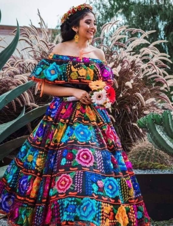 Colorful Chiapas Style Dress. Custom-made Hand Embroidered - Etsy