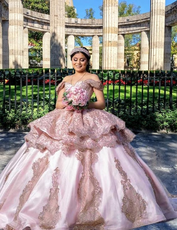 strapless open back dress Quinceanera Collection 26051 - Fringe Off Shoulder Glittered Ballgown 24 / Blush Pink main image 0