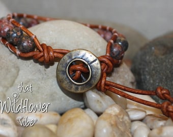 Pulsera de jaspe leopardo, envoltura de cuero marrón, joyería rústica bohemia