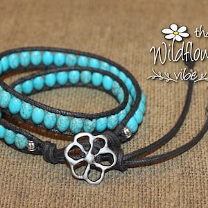 Turquoise Double Wrap Bracelet, Double Wrap Beaded Bracelet, Turquoise and Silver Bracelet, Boho Bracelet, Natural Bracelet, Flower bracelet