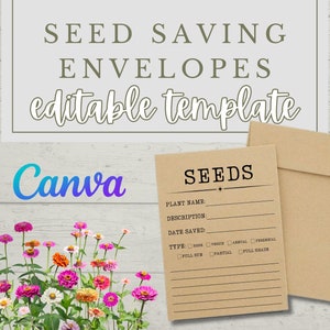 Puede incluir: Un sobre de papel marrón con una etiqueta que dice "SEEDS" y tiene campos para el nombre de la planta, la descripción, la fecha de guardado, el tipo y la exposición al sol. El sobre está sobre un fondo de madera blanca con un arreglo de flores de colores en la esquina inferior izquierda.