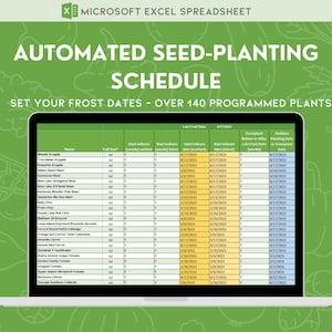 May include: A laptop computer screen displaying a Microsoft Excel spreadsheet with a green background. The spreadsheet is titled "Automated Seed-Planting Schedule" and includes a list of plants with their planting dates and other information. The spreadsheet is designed to help gardeners plan their planting schedule based on their local frost dates.