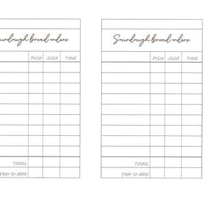 May include: Two blank printable sourdough bread order forms with columns for price, sold, and total. The forms have the text "Sourdough bread orders" at the top.