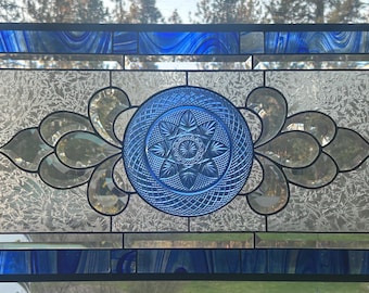 Stained glass transom window hanging panel with vintage blue daisy star plate, bevel cluster