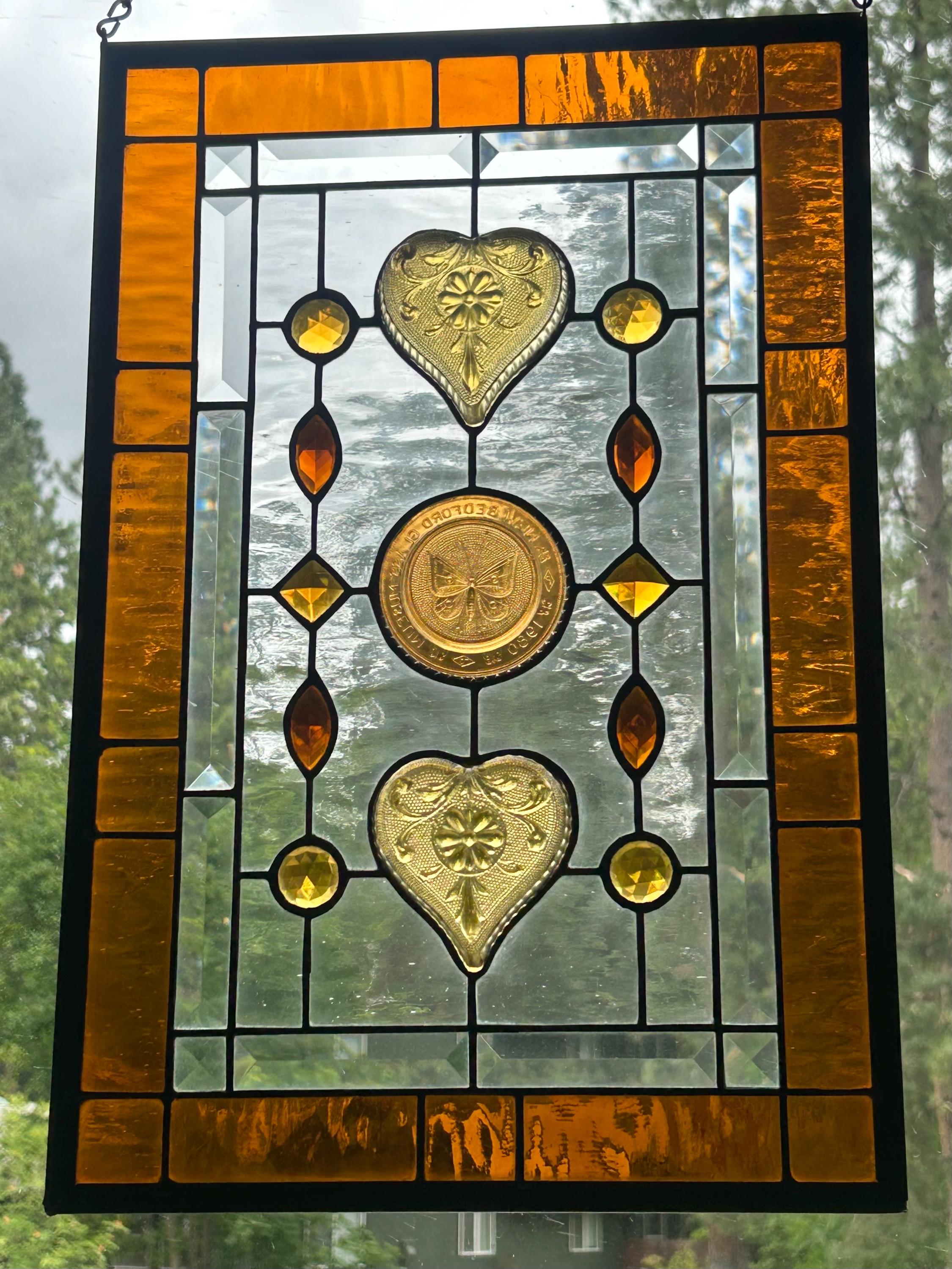 Stained Glass Transom Window Panel. Vintage Heart Dishes and Honey Bee ...