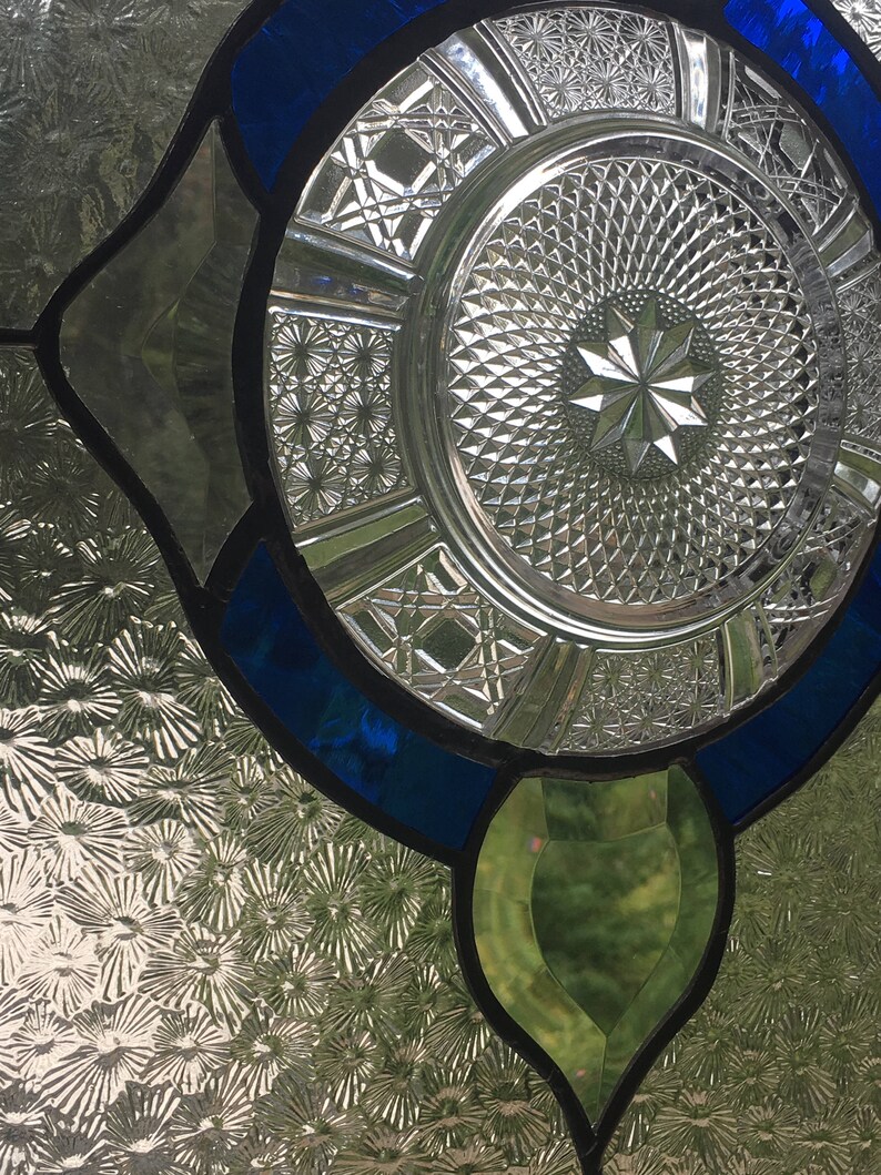 Stained glass vintage dish transom beveled window cobalt blue Etsy