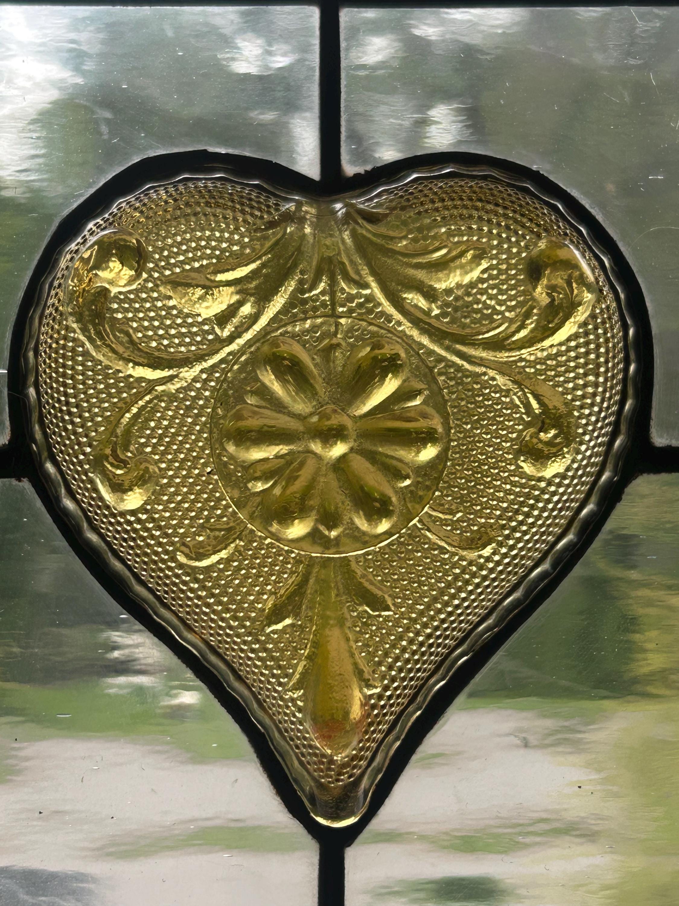 Stained Glass Transom Window Panel. Vintage Heart Dishes and Honey Bee ...
