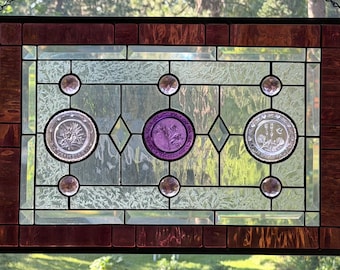 Stained glass transom window, purple passion, vintage dishes