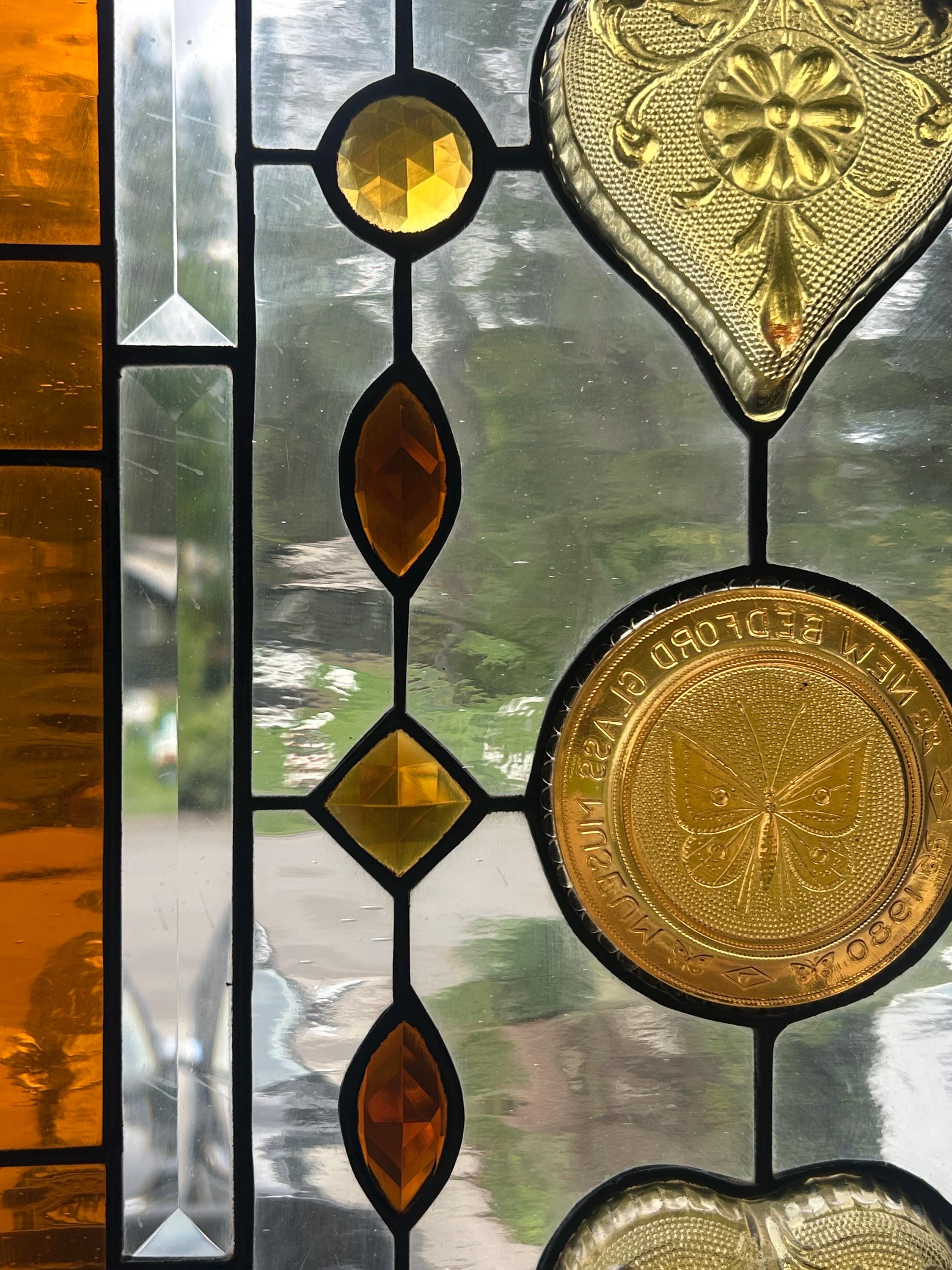 Stained Glass Transom Window Panel. Vintage Heart Dishes and Honey Bee ...
