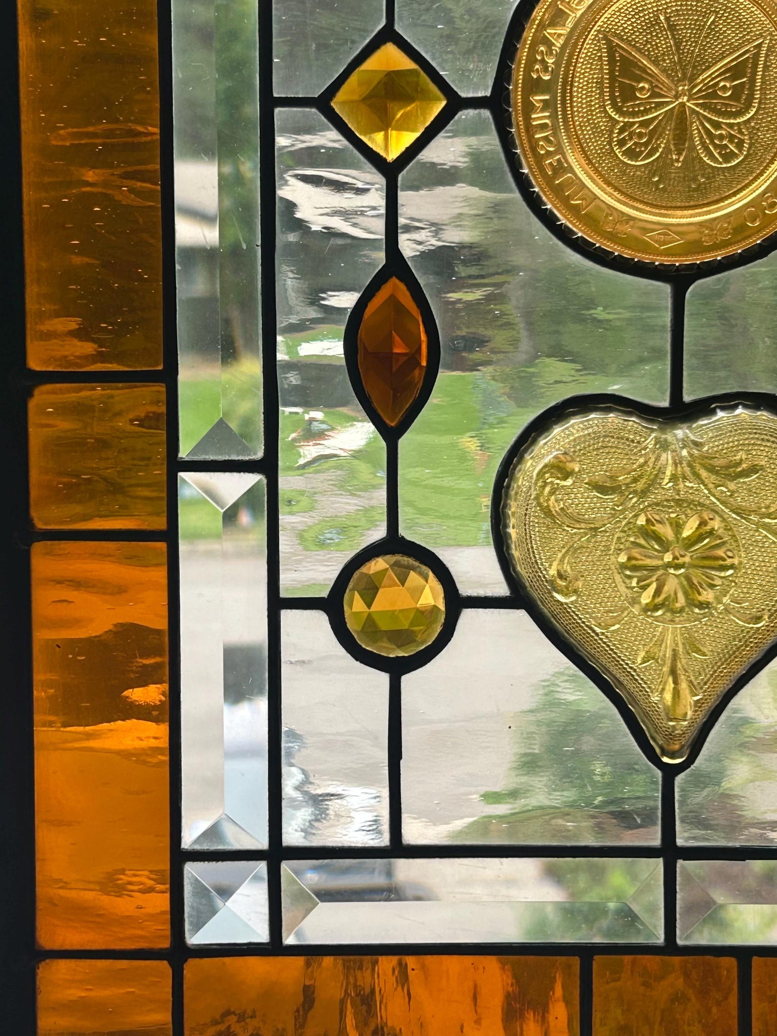 Stained Glass Transom Window Panel. Vintage Heart Dishes and Honey Bee ...