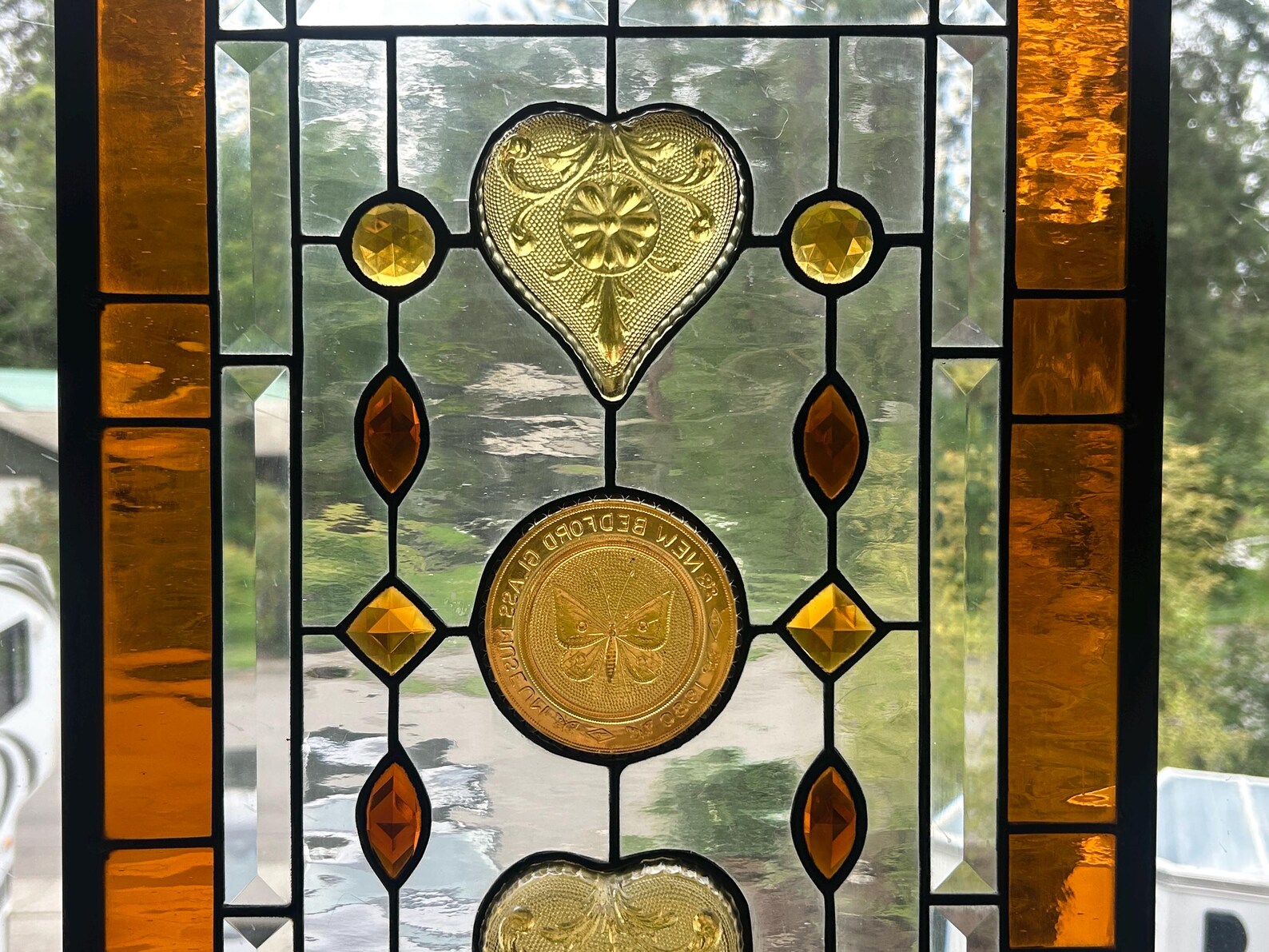 Stained Glass Transom Window Panel. Vintage Heart Dishes and Honey Bee ...