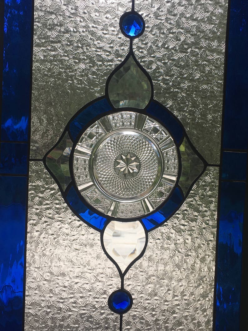 Stained glass vintage dish transom beveled window cobalt blue Etsy
