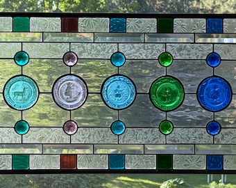 Forest Critters, Stained glass transom window with vintage Pairpoint plates.