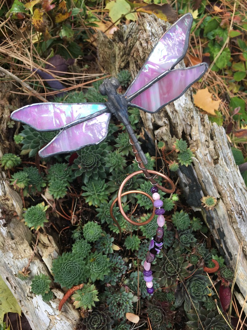 Stained glass dragonfly garden plant stakes. | Etsy