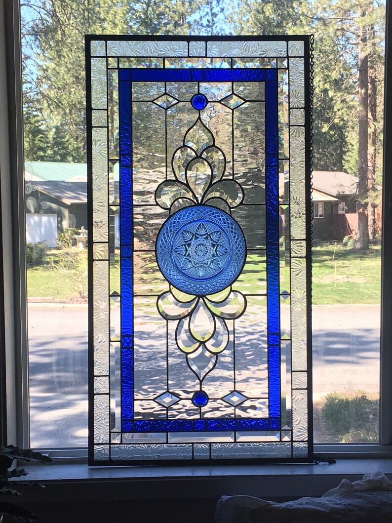Stained Glass Transom Window With Vintage Blue Plate Victorian Etsy