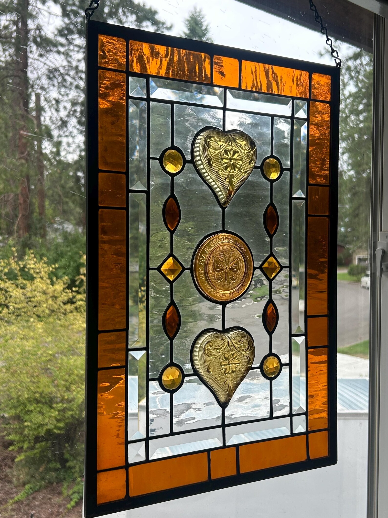 Stained Glass Transom Window Panel. Vintage Heart Dishes and Honey Bee ...