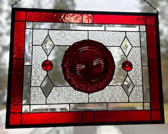 Stained glass transom window panel. Vintage ruby plate.