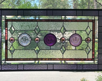 Stained glass transom window, purple passion, vintage dishes