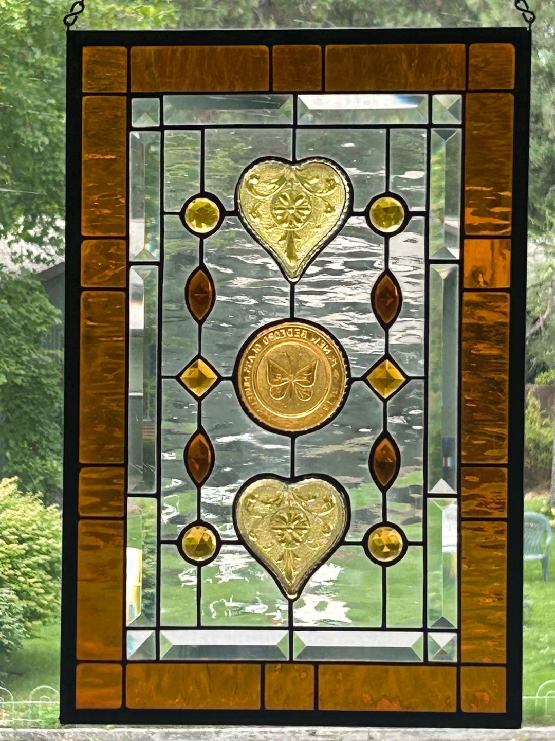 Stained Glass Transom Window Panel. Vintage Heart Dishes and Honey Bee ...