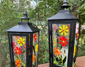 Fused glass flowers,black metal lantern with led candle.