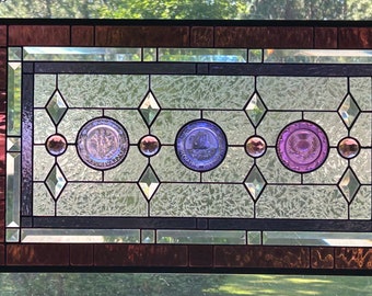 Purple Passion, stained glass transom window with vintage Pairpoint cup plates.