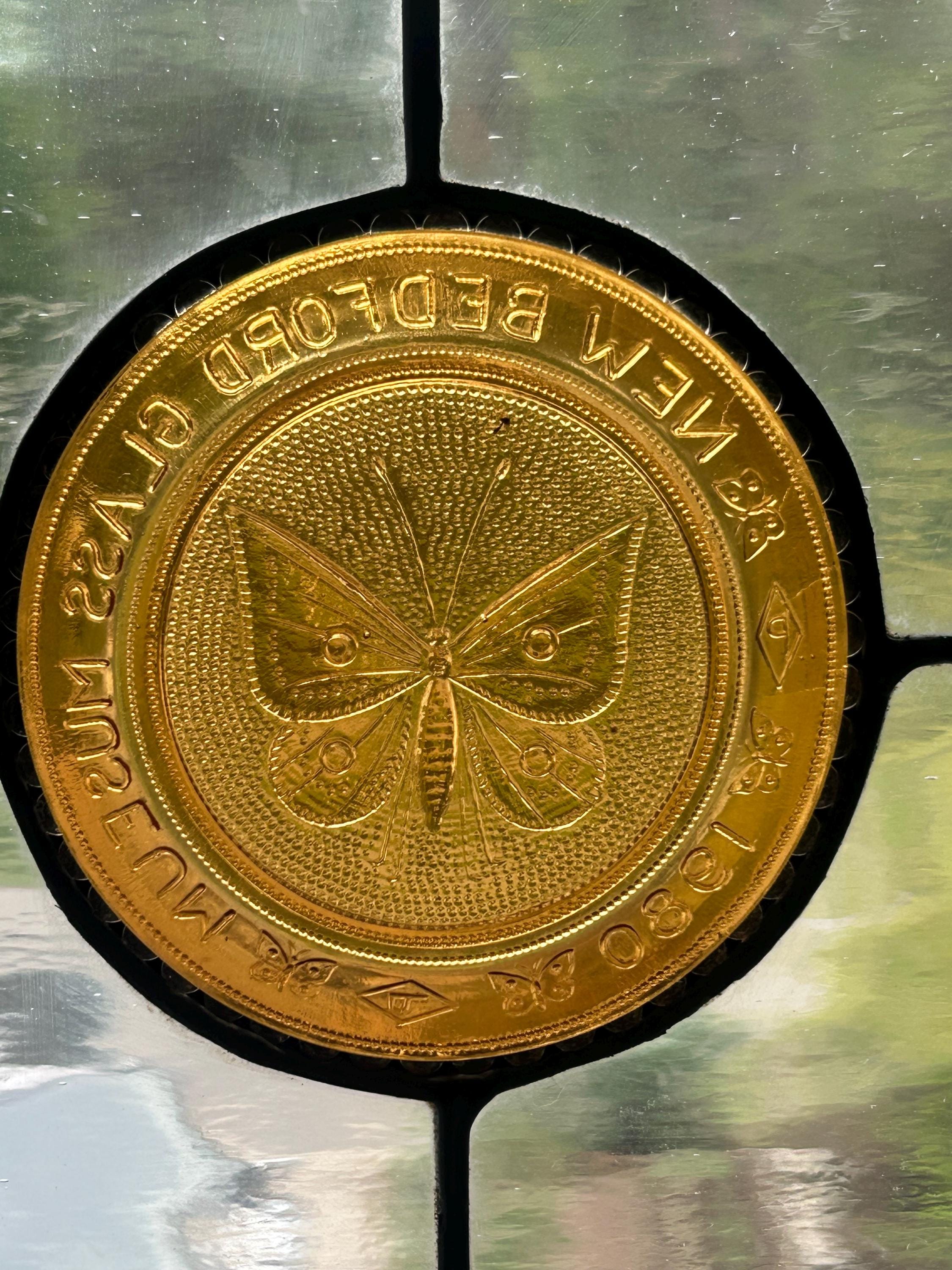 Stained Glass Transom Window Panel. Vintage Heart Dishes and Honey Bee ...