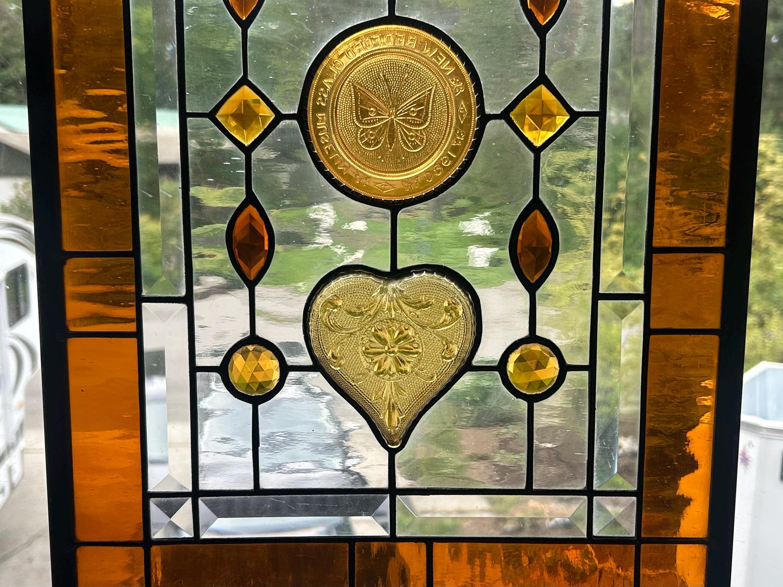 Stained Glass Transom Window Panel. Vintage Heart Dishes and Honey Bee ...