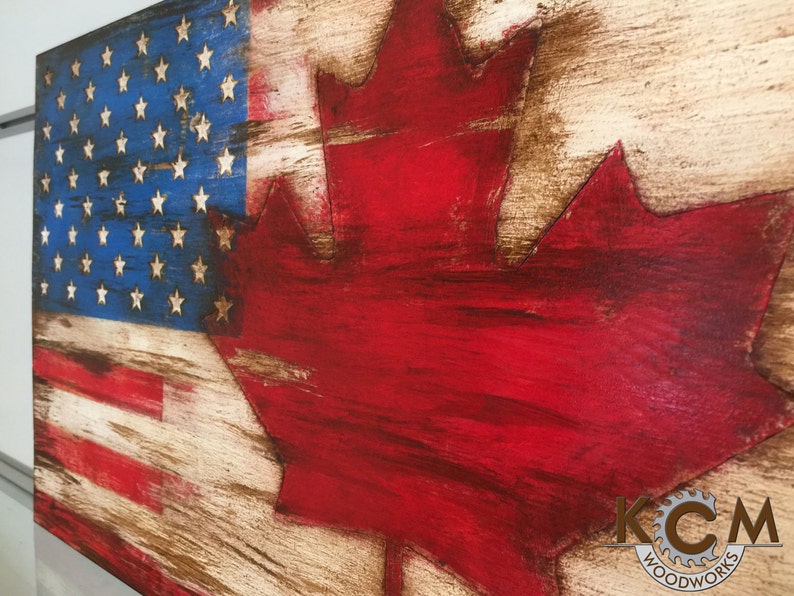 Engraved US American Canada Combo Flag Hand painted Rustic Etsy