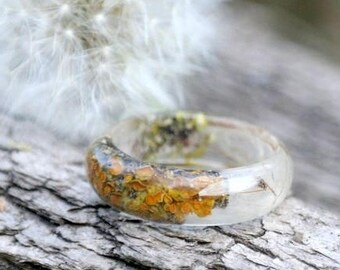 Real Dandelion Seeds Moss Resin Ring, Clear Resin, Pressed Flower, Woodland Mens Ring, Floral Terrarium Botanical Jewelry, Forest Lichen