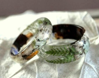 Birch Bark Ring, Mens Resin Ring, Moss Terrarium Jewelry, Real Forest Plants , Green Fern, Nature Inspired Engagement Rings, Real Сornflower