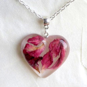 eco resin necklace Romantic heart pendant necklace with real rose petals heart gift marsala necklace real flower in resin dried rose pendant