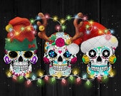 Sugar Skull Christmas Lights PNG, Elf Reindeer Santa Hat Wearing, Skull Lover, Christmas Spirit, Sublimation, Instant Download, Digital File