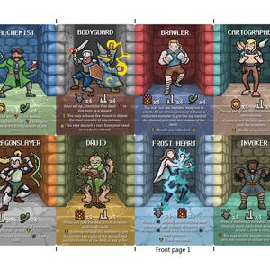 Könnte beinhalten: Ein Spielbrett mit acht illustrierten Charakterkarten. Jede Karte zeigt einen Charakter, Statistiken und Anweisungen. Charaktere sind Alchemist, Bodyguard, Brawler, Kartograf, Drachentöter, Druide, Frostherz und Beschwörer. Der Text 'Front page 1' ist sichtbar.