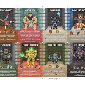 Puede incluir: Una hoja de cartas de juego con ocho ilustraciones de personajes de fantasía. Cada carta tiene un diseño y texto únicos. Los personajes incluyen Attackrobat, Champion, Conjurer, Dancing Bear, Explorer, Flame Warden, Goblin Hero e Imp Mother. Las cartas están en una mazmorra.