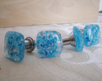 SET of Sparkly Blue Fused Glass Knobs - small