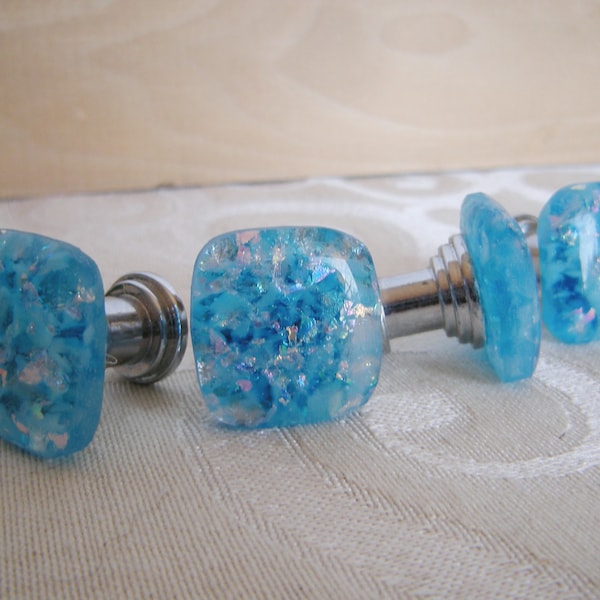 SET of Sparkly Blue Fused Glass Knobs - small