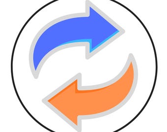 Può includere: Illustrazione grafica di due frecce curve in un design circolare. Una freccia è blu con un contorno azzurro, l'altra è arancione con un contorno grigio chiaro. Le frecce sono su sfondo bianco, racchiuse in un cerchio nero.