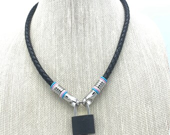 Leather Cord Collar in Black with transgender pride colors , Day Collar, Soft and comfortable collar, transgender pride colors