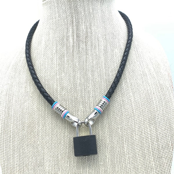 Leather Cord Collar in Black with transgender pride colors , Day Collar, Soft and comfortable collar, transgender pride colors