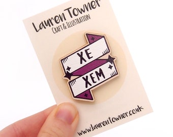 Xe / Xem / Non-binary / Gender Neutral / Neopronoun / Gender Pronoun Wooden Pin Badge (Enamel Pin Alternative) Banner / Ribbon (LGBT+)