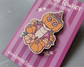 Halloween / October Pumpkin Witch - Spooky, Cute, Wicca, Spoopy, Solstice, Samhain, Witchtober, Wooden Pin Badge, (Enamel Pin Alternative)
