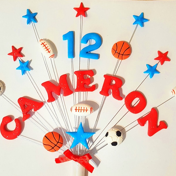 Sport, Fußball, Basketball, American-Football handgefertigt personalisierte Geburtstagstorte Topper, jeder Name, Alter und Farben