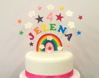 Rainbow birthday / christening cake topper, personalised name and age. Handmade bespoke cake toppers and decorations