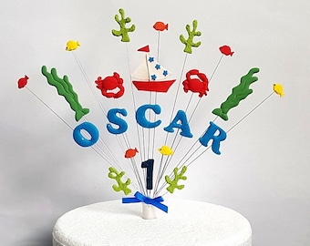 Boat, crab, under the sea, fish birthday cake topper, personalised name and age, Handmade cake decoration