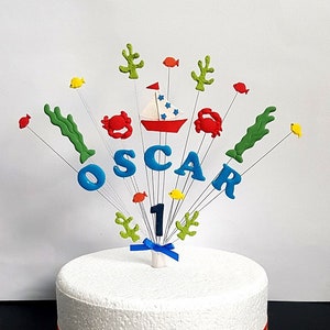 Boat, crab, under the sea, fish birthday cake topper, personalised name and age, Handmade cake decoration